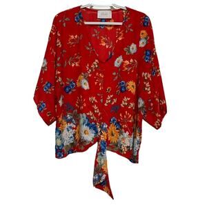Blush Boutique Women's Red Floral Waist Tie V-Neck‎ Short Sleeve Blouse Size L